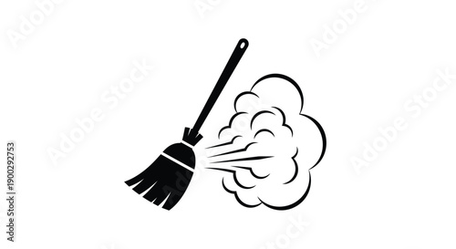 A black silhouette of a broom sweeping smoke or dust silhouette