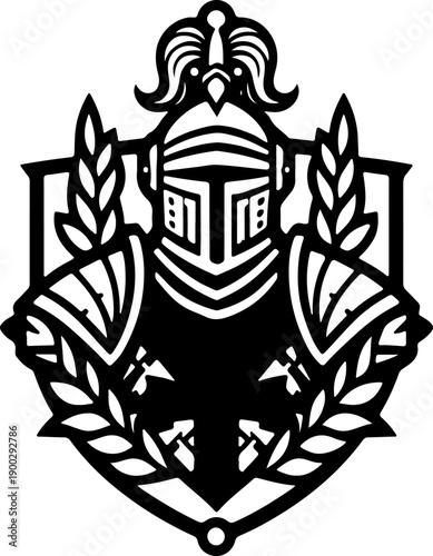 Classic Engraving Style Crest Depicting a Heroic Knight in Armored Suit, Symbolizing Strength, Protection, and Chivalry