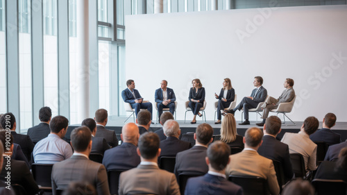 Interview and round table discussion at business convention and presentation. Audience at the conference hall. Business and entrepreneurship symposium.