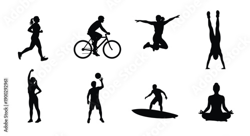 Diverse athletic figures depicted in black silhouettes