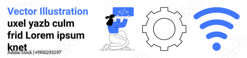 Technology, software development, connectivity, coding, programming, IT systems. A person coding, a gear symbol and a wireless icon in a digital illustration. Technology and software development