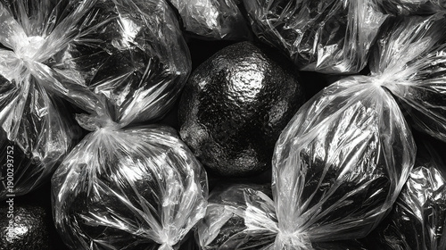 Black avocados wrapped in plastic bags, piled together.