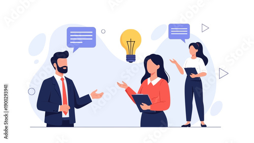 Business Team Brainstorming Ideas, Collaboration, Lightbulb Innovation Concept