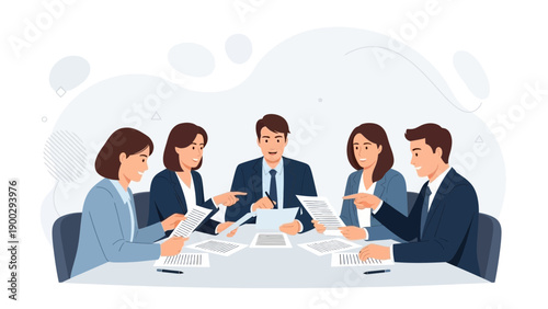 Business meeting with diverse team discussing documents at table, collaboration concept