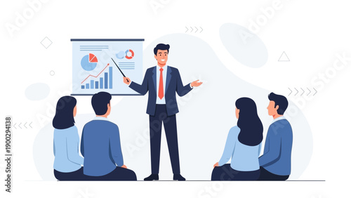 Business Presentation: Speaker Leading Meeting with Charts and Audience
