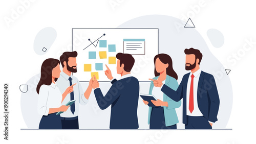 Business team brainstorming at whiteboard with sticky notes, planning strategy