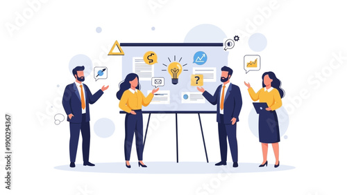 Business team brainstorming ideas and planning strategy on whiteboard