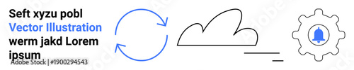 Cloud computing, data synchronization, backups, tech setup, online storage, user notifications. Circular arrows, cloud shape and gear icon with a bell. Cloud computing and data synchronization