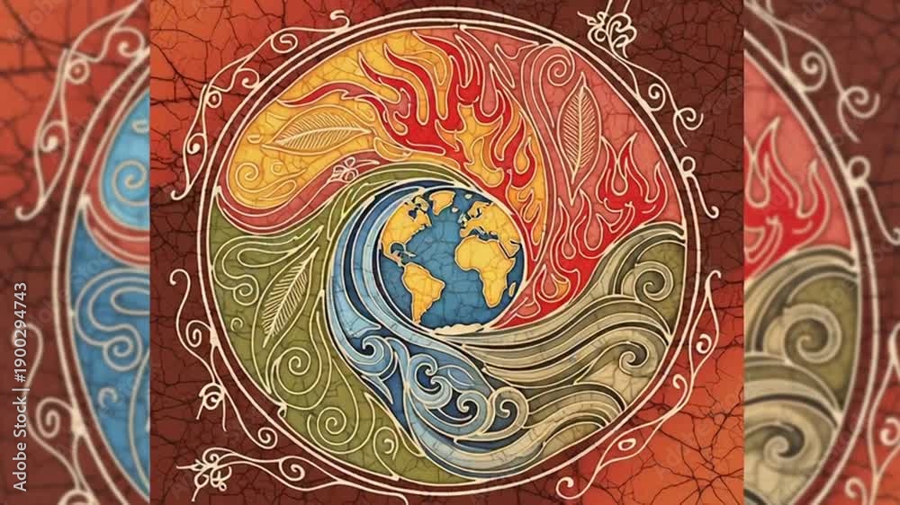 Abstract representation of Earth elements fire water air and earth in a ...