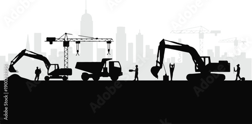construction skyline city building cranes workers machinery silhouette