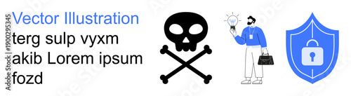 Data protection, online threats, cybersecurity measures, innovation, business strategies, online safety. Black skull and crossbones, shield with lock person holding lightbulb. Cybersecurity