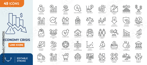 Economy Crisis icon set. Contain icons related to Economic downturn, stock marker cash, Decrease, layoff, job fired, recession, credit crunch, and more. Editable stroke. Vector illustration