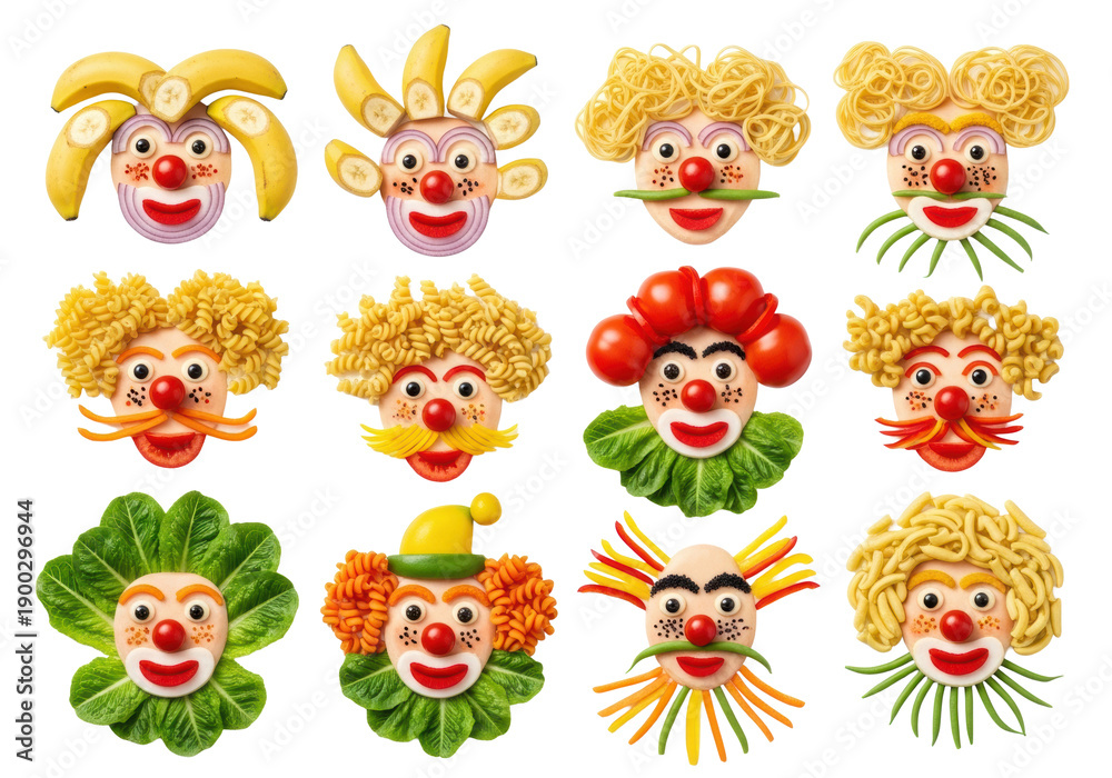 Fototapeta premium ten whimsical clown portraits crafted from fresh, vibrant food items—bananas, tomatoes, lettuce, pasta—in a flat lay grid on a sterile white background. concept of playful culinary art