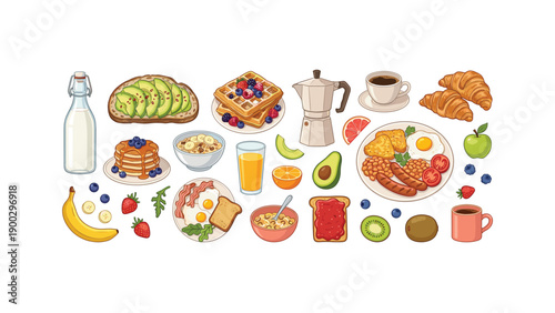 Delicious cartoon breakfast food and drink set vector illustration graphic icon collection isolated on white background for morning menu design element