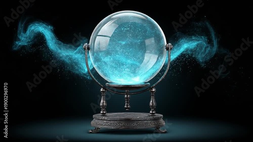 A luminous crystal ball sits on a pedestal with glowing energy emerging from it against a dark background