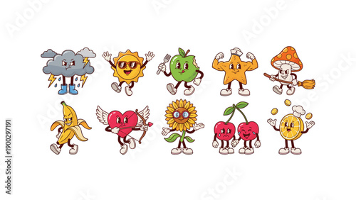 Retro cartoon mascot character sticker set vector illustration graphic icon isolated on white background for funny trendy patch design element