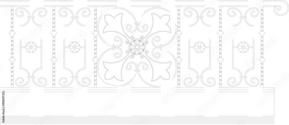 Obraz premium Technical vector illustration of decorative wrought iron railing elevations, featuring complex floral and scroll patterns in black line art.