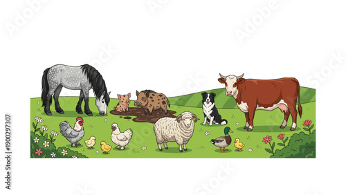 Cute cartoon farm animal landscape scene vector illustration graphic isolated on white background for agriculture nature design element