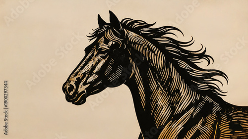 Wallpaper Mural Detailed woodcut style illustration of a horse head in black and gold over a vintage textured background. Torontodigital.ca