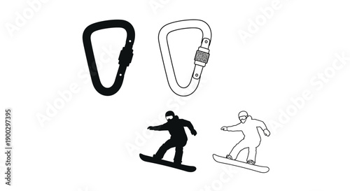 Climbing gear and snowboarders in black silhouette