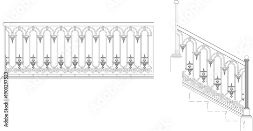 Technical vector illustration of classic wrought iron railing elevations, featuring ornate patterns for stairs and balconies in line art