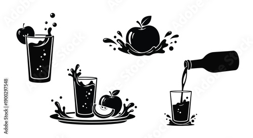 Apple juice pouring into glasses with fruit a striking silhouette