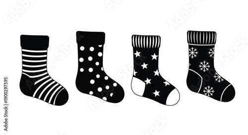 Four patterned socks displayed in a simple black silhouette