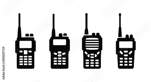 Four black walkie talkies displayed in a simple silhouette