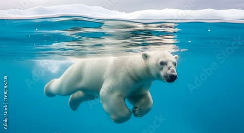 A polar bear swims underwater in icy blue ocean waters