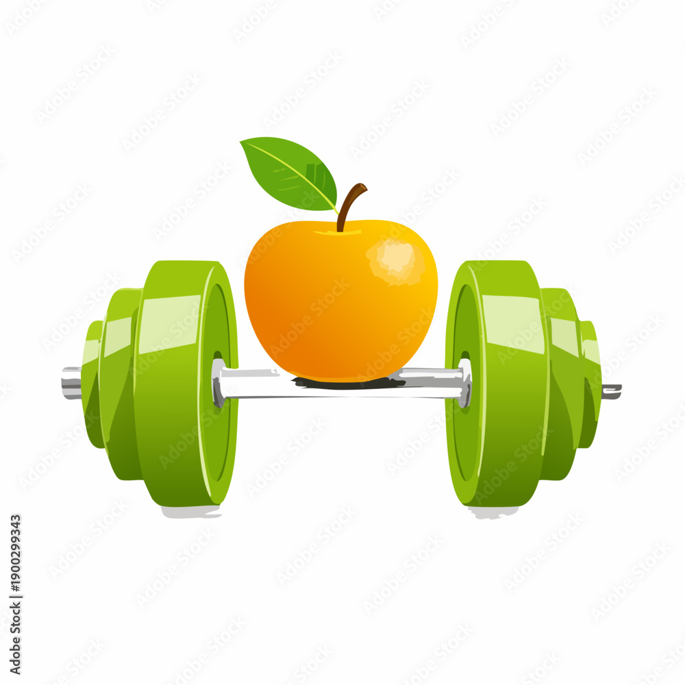 Fototapeta premium Jabłko na sztandze z ciężarami – zdrowe odżywianie, fitness, dieta i aktywny styl życia.