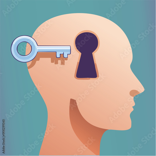 Głowa z dziurką od klucza i kluczem – dostęp do umysłu, tajemnica, psychologia i rozwój osobisty.