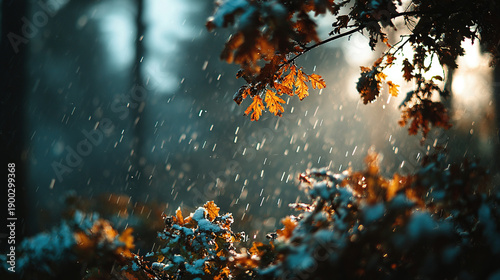 Snow-covered branches with falling snowflakes in a winter scene.