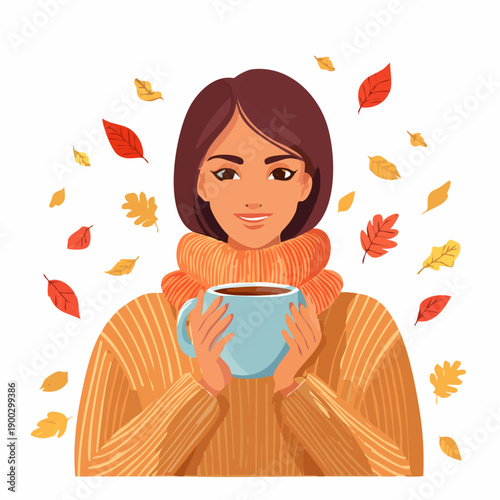 Kobieta w ciepłym swetrze trzyma kubek gorącej herbaty wśród jesiennych liści – przytulny nastrój, relaks i jesień.
