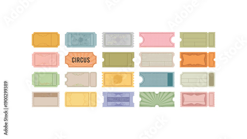 Vintage retro pastel ticket and coupon set vector illustration graphic icon isolated on white background for cinema circus event admission design element