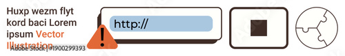 Cybersecurity, online safety, warnings, digital interfaces, data protection, global connectivity. A warning icon, URL bar and puzzle globe element. Cybersecurity and online safety