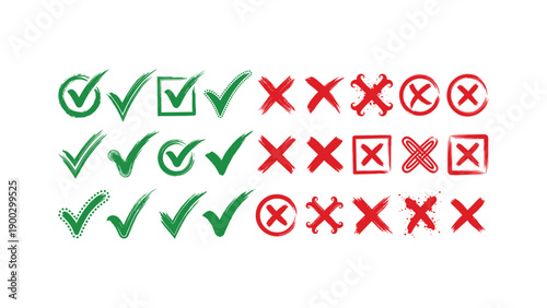 Hand drawn green check mark and red cross brush stroke icon set vector illustration graphic isolated on white background for quiz vote design element