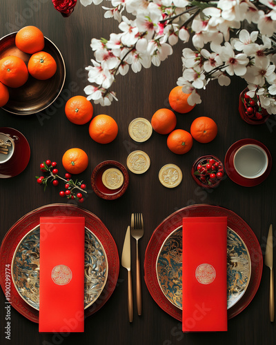 Lunar New Year table setting flat lay with red envelopes, mandarin oranges and gold coins