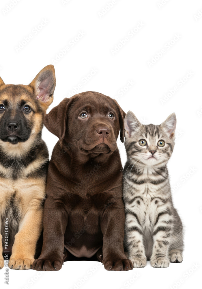 Fototapeta premium A trio of six-week-old domestic pets—german shepherd puppy, lab puppy, and tabby kitten—displaying curiosity on a transparent high-key backdrop. concept of unlikely animal friendship and shared