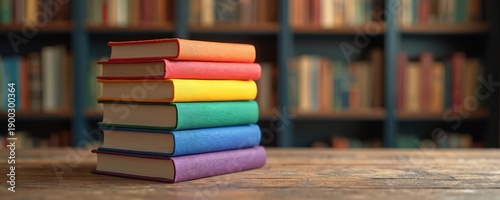 Stack of books with covers colored like pride flags on wooden table. Background shows blurred library shelves full of books. Represents diversity and inclusive stories.