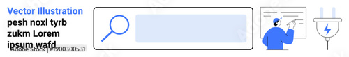 Online research, education, information management, energy solutions, interface design, data analysis. Search bar and magnifying glass with educational and energy-related icons. Research