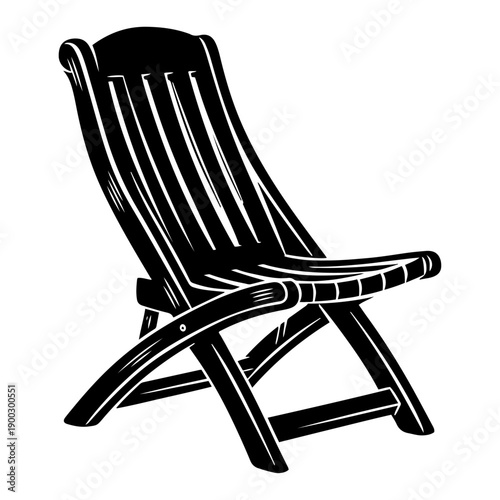 Wooden beach deck chair isolated on white background in retro linocut and woodcut style