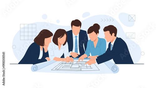 Business team collaborating on project plan with blueprints and charts