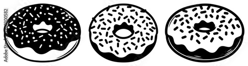 Set of three delicious glazed donuts with sprinkles in black and white style