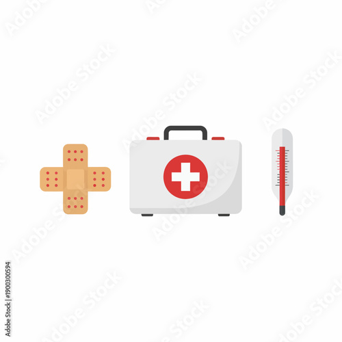 Flat vector illustration of healthcare first aid objects including bandage, medical kit, and thermometer