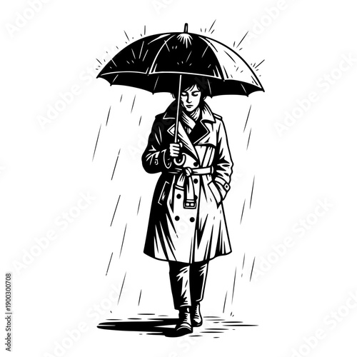Person in trench coat holding umbrella in heavy rain black and white ink sketch style