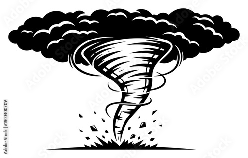 Large tornado twister causing destruction with debris and dark clouds black and white vector illustration