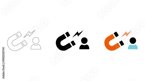 set of lead magnet icons used to represent attracting customers and building long-term loyalty, featuring magnet and per