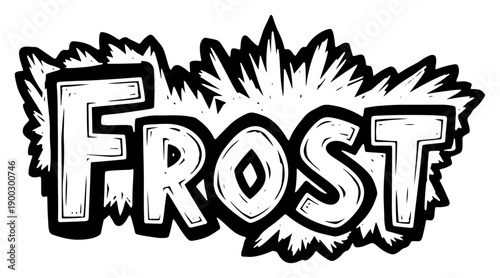 Hand drawn vector typography of the word frost with jagged icy spikes and cold explosion effect