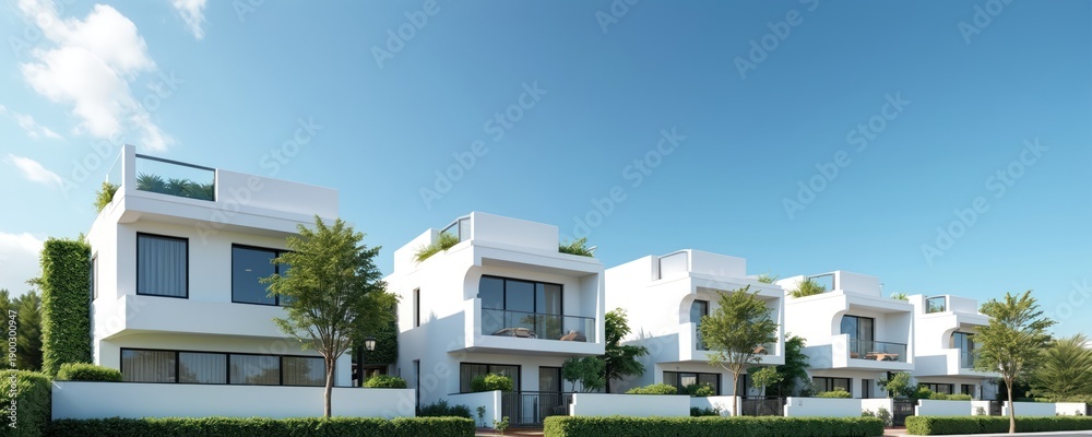 Obraz premium Modern white houses with balconies and green yards stand in neat row under clear sky. Contemporary architecture offers bright facades and rooftop gardens.