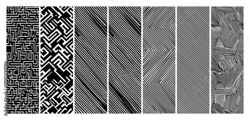 Collection of abstract black and white geometric seamless patterns